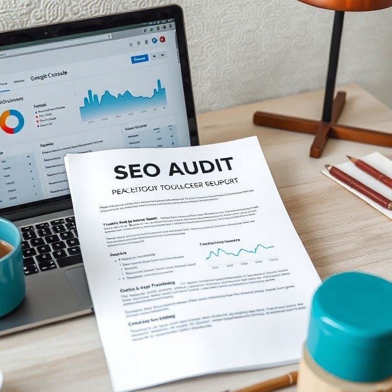Ispisani SEO audit dokument na stolu pored laptopa s Google Search Console podacima