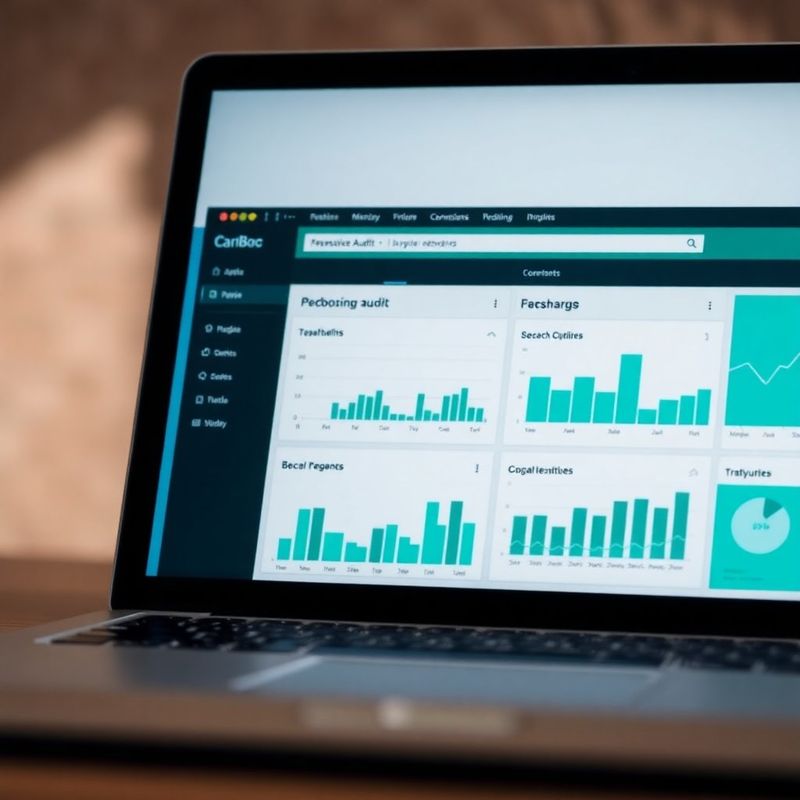 Zaslon laptopa s dashboardom SEO audita i data-viz grafikonima