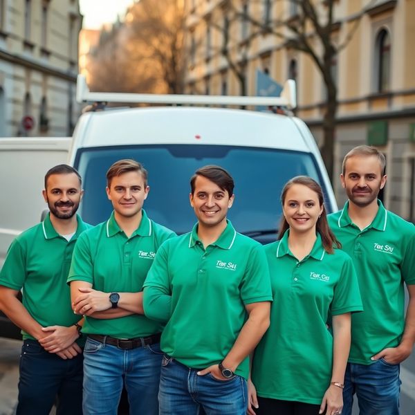 Skupinový portrét šesti českých techniků v emeraldově zelených polokošilích před bílým dodávkovým vozem v Brně